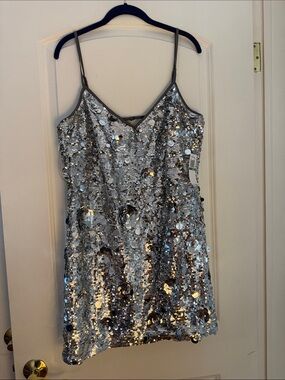 Sequined Silver Slip Dress with Thin Straps